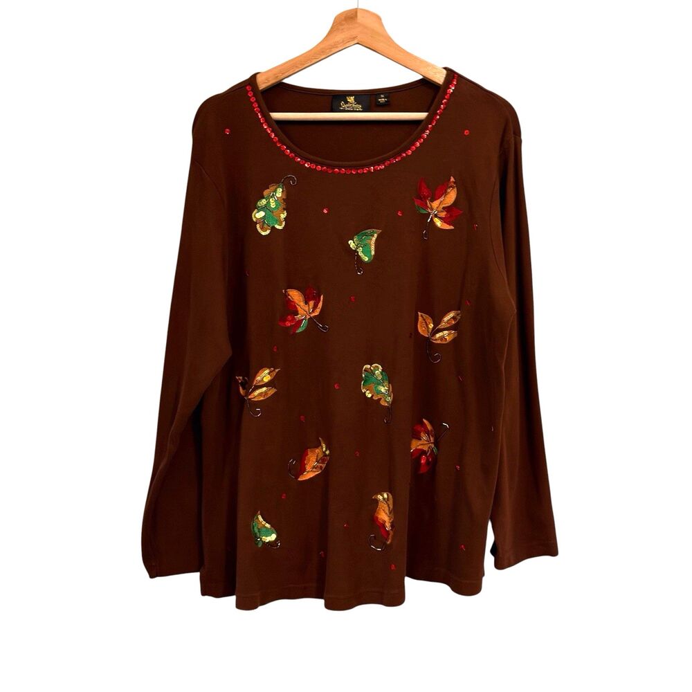 Quacker Factory Womens Embroidered Fall Leaves Top Size 1X Brown Sequins Autumn